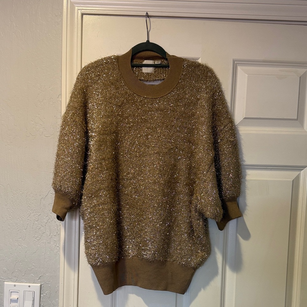 Maeve Anthropologie Violetta Tinsel Gold Crew Neck Sweater